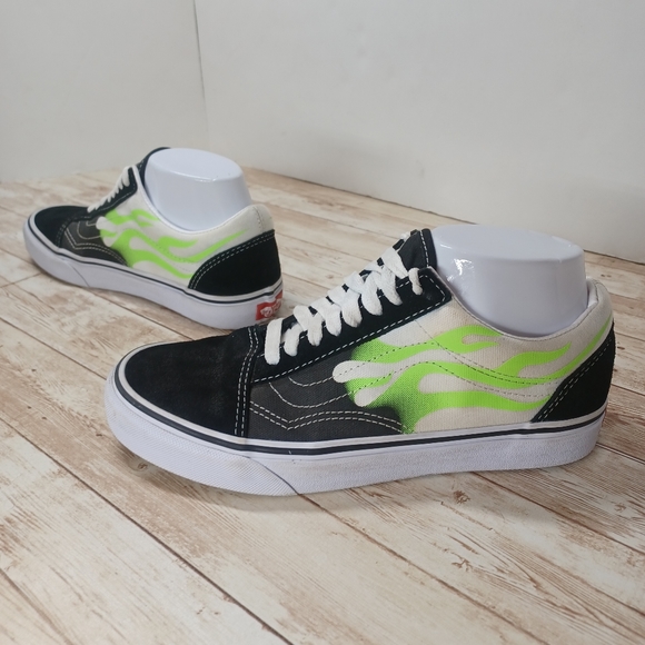 Vans Black White Canvas Neon Green Flames Suede Old Skool Skate Shoes Men's 6.5 - Picture 2 of 10